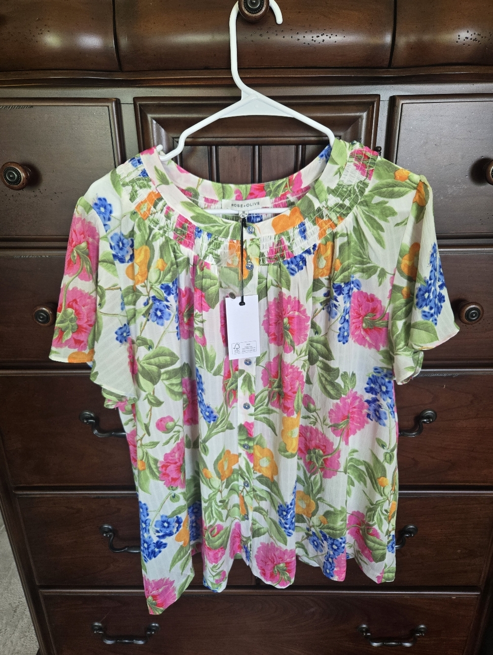 NWT, Rose & Olive Floral Short-Sleeve Peasant Top - White/Pink/Blue, Sz. 1X